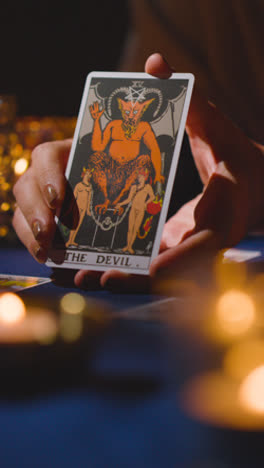 Vertical-Video-Close-Up-Of-Woman-Giving-Tarot-Card-Reading-On-Candlelit-Table-Holding-The-Devil-Card-1